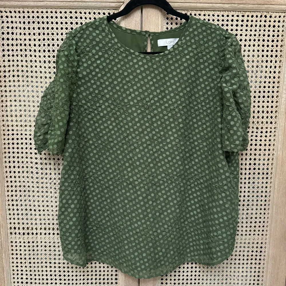 Loft Womens Green Polka Dots Puff Short Sleeve Blouse Top Size L